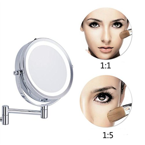 Sharplace Round Double-Sided Swivel Wall Mount Vanity Mirror LED Lighted with 5x Magnification Extension Pole for Counter Home Bathroom Shaving Makeup