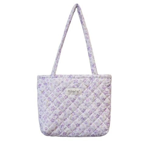 Image of Floral Quilted Cotton Shoulder Bag for Women Daily Use Medium Size Handbag Large Capacity Thickened Design Tote