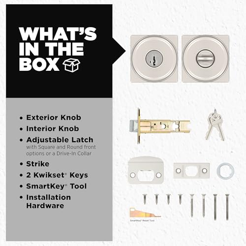 Image of Kwikset Maven Entry Door Knob with Lock and Key, Secure Keyed Handle Exterior, Front Entrance and Bedroom, Satin Nickel, 4 Pack, Pick Resistant SmartKey Rekey Security and Microban