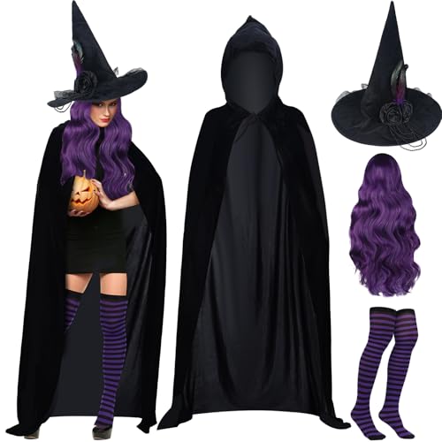 Hiyzi 4 Pcs Halloween Witch Costumes Set Hooded Cloak Velvet Cape Black Pointed Witch Hat Dark Purple Cosplay Wig Striped Stockings For Women Girl Cosplay Party Costume Accessory cover