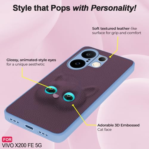 Image of AESTMO Back Case Cover for Vivo X200 FE 5GBack Cover | 3D Cat Cover | Leather Finish | Full Body Protection | Camera Protection Back Cover for Vivo X200 FE 5G (Purple)