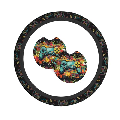 Game Steering Wheel Cover with 2 Car Coasters Non Slip Neoprene for Women Men Universal 15 Inch