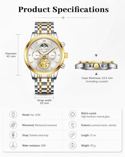 Image of OLEVS Men Automatic Skeleton Watch - Luxury Stainless Steel Calendar Moon Phase Mechanical Dress Wrist Watch with Luminous, Waterproof Self-Wind (Gold /Silver /Blue /Black)