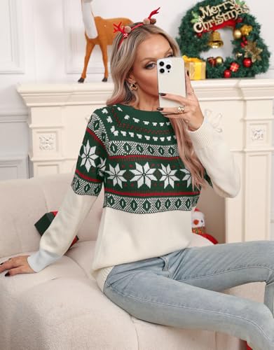 Image of Women's Fair Isle Sweater Crew Neck Long Sleeve Heart Sweater Vintage Tops