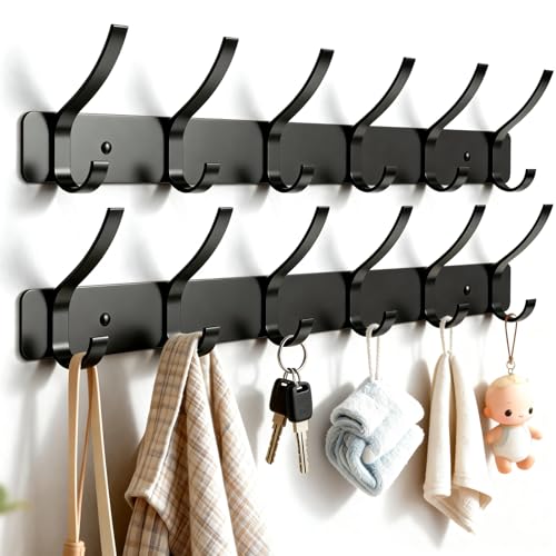 ZBDPOVT 2-Pack Wall Mounted Coat Rack with 6 Hooks, Rustproof Aluminum Heavy Duty Coat Hooks for Wall, Space-Saving Organizer for Coats, Hats, Towels, Entryway and Bathroom, Black