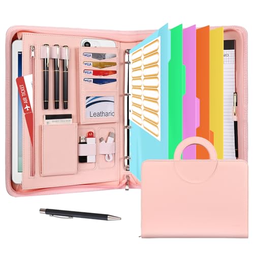 Leathario Schreibmappe A4 mit 5er Register DIN A4，Konferenzmappe mit 4 Ringbuch，Dokumentenmappe mit Reißverschluss，Griff，Klemmbrett,Ordner für Meeting, Business,Mappe für Schule, Uni