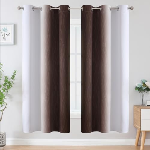 Estelar Textiler Brown and Greyish White Blackout Curtains for Living Room, Full Room Darkening Grommet Ombre Curtains for Bedroom, Thermal Insulated Light Blocking Gradient Drapes, 42Wx72L, 2 Panels