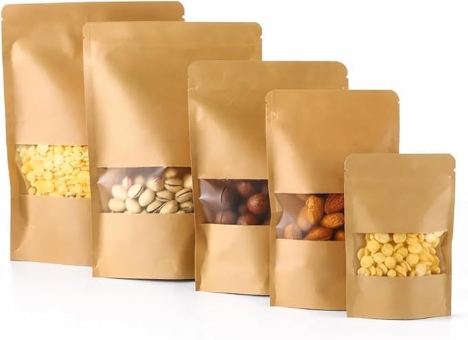 Pencereli Kraft Doypack Dik Duran Poşetler – 50’li Paket, Şeffaf Pencereli, Kilitli (Ziplock) ve Kolay Açma Çentikli, Çok Amaçlı Gıda Saklama Poşetleri (11 cm – 18 cm)