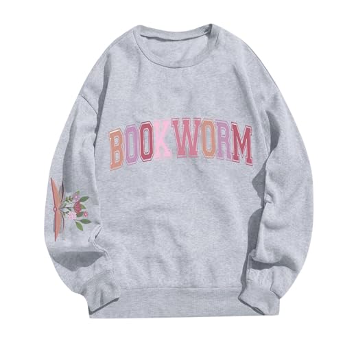 Generisch Hoodies Women Book Pattern Sweatshirt Pullover Book Lover Casual Crew Neck Long Sleeve, Light grey, S