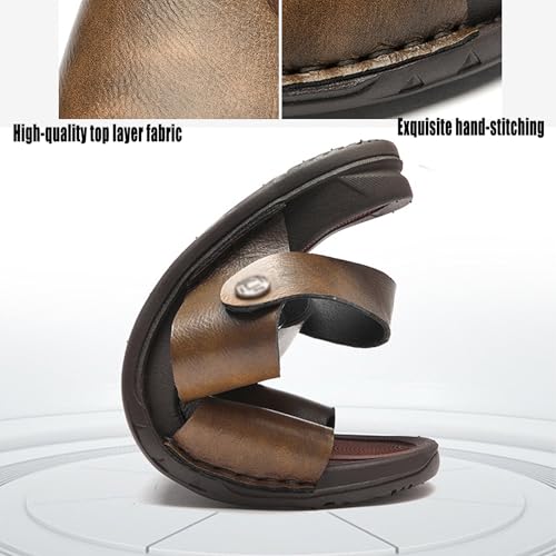 Men's Leather Hollow-Out Slip-on Flat Sandals,Classic Retro Round Open Toe Outdoor Casual Beach Walking Sandals3