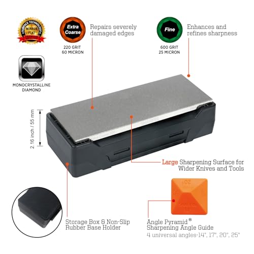 Image of SHARPAL 163N Double-sided Diamond Sharpening Stone, 8 in. x 3 in. | Extra Coarse 220 / Fine 600 Grit, Storage Case with NonSlip Base, Angle Guide, Knife Sharpener