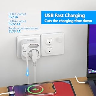 JSVER Adaptateur Prise USA,6 en 1 Adaptateur Voyage France vers USA Canada avec 2 USB A et 2 Type C(17W) et 2 Prise,Type B pour Canada Américaine Mexique Thailande Dominicaine(Blanc)