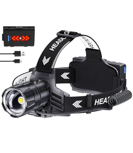 Linterna frontal LED recargable, linterna LED recargable, superbrillante, 100.000 lux, linterna frontal con 12 modos con luz roja, linterna de cabeza, IPX7, resistente al agua, linterna frontal LED
