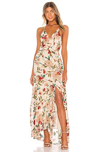 ASTR the label Women's Sleeveless Surplice V Neck Frolic Faux WRAP Maxi Dress, Cream-Ruby Floral, L