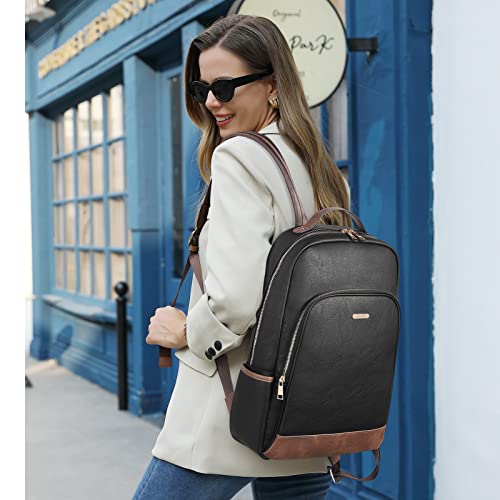 Image of CLUCI Leather Backpack for Women 15.6 inch Laptop Backpack Purse Computer Backpack for Travel Airplane Casual Daypack Beige with Brown