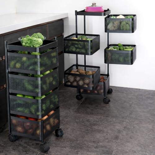 Image of RADIANT 4 Layer Multipurpose Plastic Trolley with Dish Rack for Kitchen Fruit Vegetable Storage Basket Kitchenware Food, Snacks, Toys, Tiered Shelf (Black) (Square Trolley - 4 Layer)