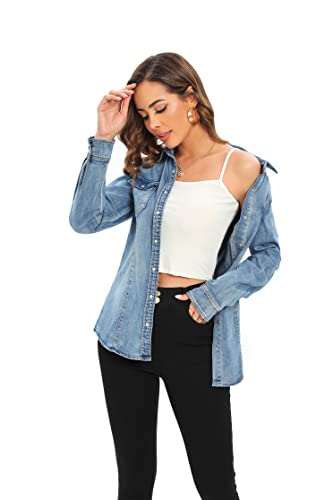 Denim Shirt for Women Long Sleeve Cotton Lightweight Fashion Denim Jacket for Women-2 Pockets3