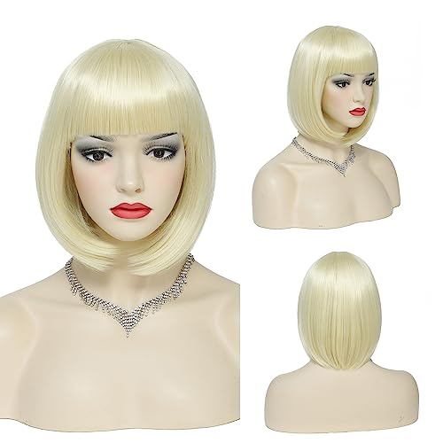Short Bob Wigs with Fringes/Bangs for Women Straight Blonde Bob Style wigs-Premium Heat Resistant Synthetic Fiber Layered Hair Wigs for Daily Party/Halloween/Cosplay (#613-Bleach Blonde)