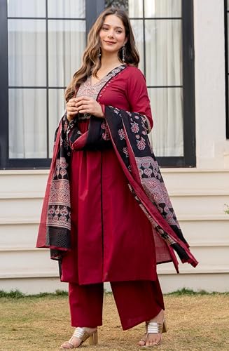 Image of Amayra Women's Pure Cotton A-Line Kurta Set with Palazzo Pants & Dupatta|Ethnic wear|Kurti Suit Set for Women