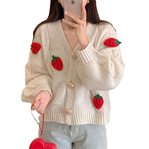 Womens Kawaii Strawberry Knit Cropped Sweater Cute Cardigan Aesthetic for Teen Girls Floral Y2k Korean School Uniform Jacket2