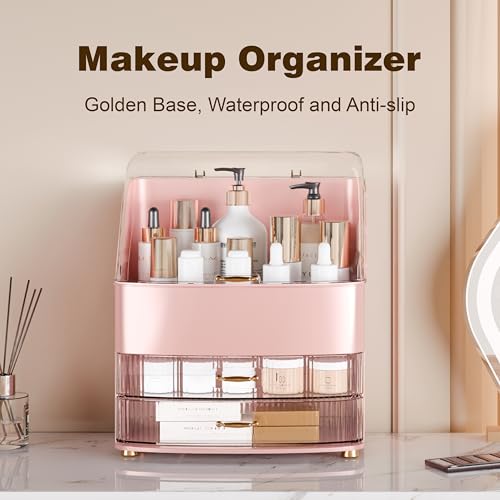 Image of Makeup Organizer Countertop Vanity with Transparent Lid Drawers Waterproof Dustproof Cosmetic Skincare Bathroom Storage Gift for Women Teens Girls (Pink)