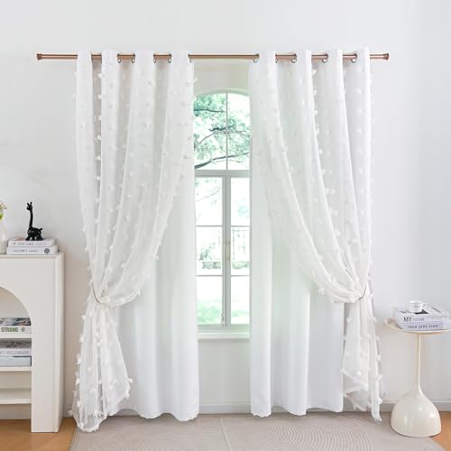 Image of Boho Pom Pom Nursery Light Block Curtains White 52x54 in | Blackout Double Layer Curtains with Pom Pom Semi-Sheer Overlay, Grommet Privacy Drapes for Toddler Bedroom Decor, 2 Panels