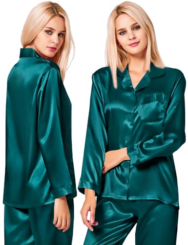 Image of SWOMOG Long Sleeve Pajamas Set Silk Satin Sleepwear Button Down Pjs Loungewear with Pocket Light Green X-Large