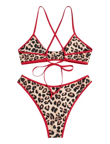 Image of ZAFUL Women's Tie Back Padded High Cut Bralette Bikini Set Two Piece Swimsuit