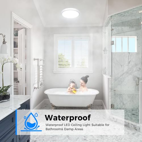 Image of Peasur Flat LED Ceiling Light, 5 Colours, 3000 /3500 /4000 /5000 /6500K, IP54 Waterproof Bathroom Light Fixture, 15 W Modern Round Ceiling Light for Bathroom, Hallway, Bedroom, Basement, Living Room