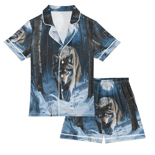 ALAZA Wolf Moon Night Satin Pajamas Set Short Sleeve Button Down Sleepwear Summer Pjs 2 Piece