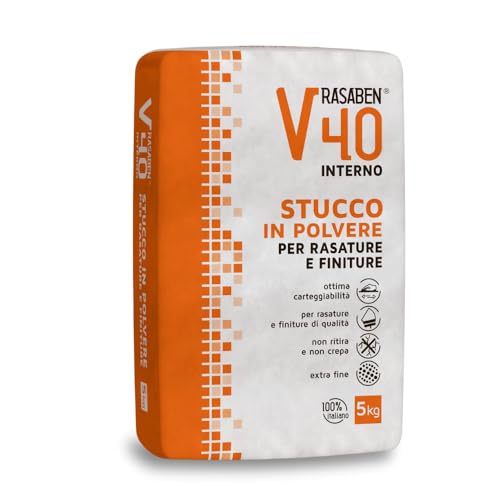 RASABEN - Stucco in Polvere V40 Extra Fine a Base di Gesso per Rasature e Finiture, Ottima Carteggiabilità, Non Ritira o Crepa, per Muri Interni e Cartongesso, Made in Italy, Sacco da 5kg