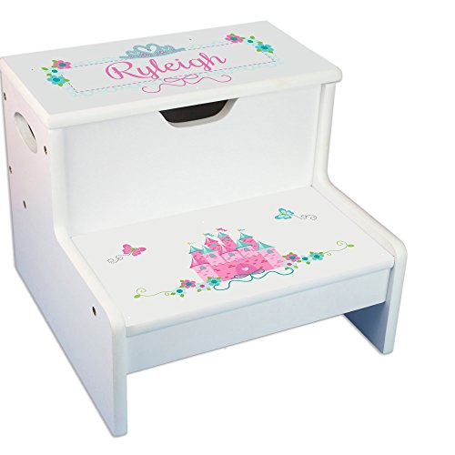 Personalized-Pink-Teal-Princess-Castle-Childrens-Step-and-Storage-Stool Personalized Pink Teal Princess Castle Childrens Step and Storage Stool