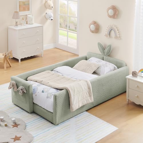 Image of KEIKI Twin Size Upholstered Platform Bed Frame with Guardrail, Slats, Cyan | Boucle Platform Bed with Cute Rabbit Ear Shaped Headboard, Pocket, for Boys and Girls, No Box Spring Required, Easy Assembly