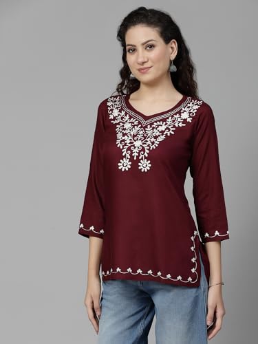 Image of QAZMI Women's Resham Embroidered Kurti |Elegant Design,3 /4 Sleeves, Sweet Heart Neck