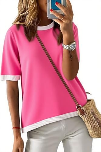 Image of Womens Sweaters Casual Crewneck Short Sleeve Striped Color Block Knitted Cotton Trendy Pullover Sweater Tops