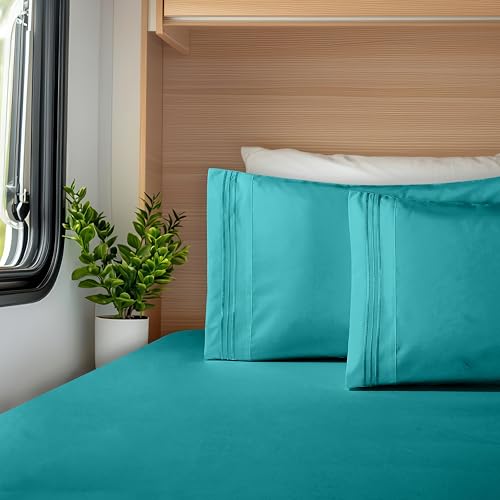 Image of Elegant Comfort Luxurious 1500 Premium Hotel Quality Microfiber Three Line Embroidered Softest 4-Piece Bed Sheet Set, Wrinkle and Fade Resistant, RV Short Queen, Turquoise