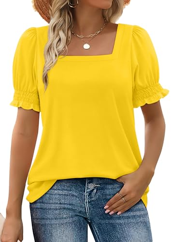 Image of WIHOLL Tops for Women Summer Casual Ruffle Trim Sleeve Square Neck T Shirts