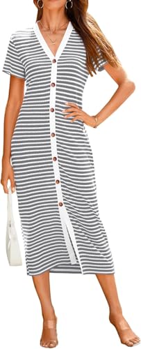 TANMESSO Women's Summer 2024 Short Sleeve Casual Striped Midi Dress Decorative Button Ribbed Knit Party Dress (grey,L,L,Regular,Regular)