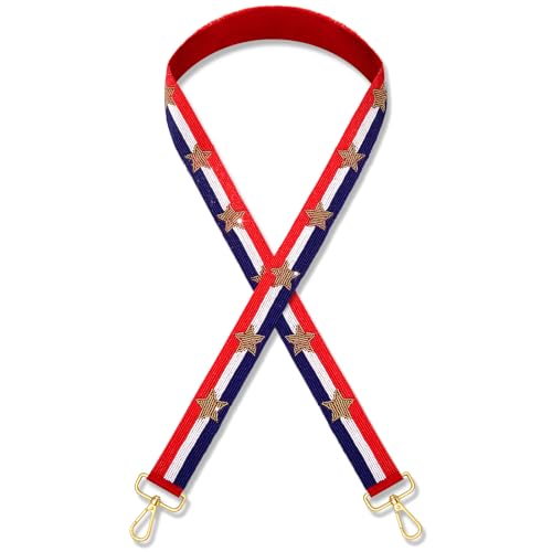 Image of Beaded 4th of July Purse Strap USA Purse Strap Replacement Red White and Blue Patriotic Crossbody Shoulder Bag Straps 4th of July Outfits (Style H)