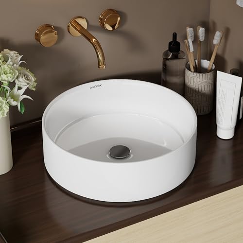 Image of Plantex Ceramic Table Top Wash Basin For Bathroom /Table Top Washbasin with 10 Years Glaze Warranty by Plantex /Round Countertop Vessel Sink Basin For Home /Office /Hotel (14.5 X 14.5 X 5Inch-RUBY-White)