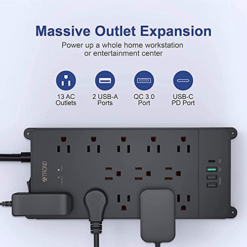 Surge Protector Power Strip - Trond 13Ac Widely-Spaced Outlets With 3 Usb A And 1 Usb C Port, 5Ft Extension Cord, Under Desk, Flat Plug, 4000J, 20W Quick Charge 3.0 & Usb C Power Delivery, Black #TOP1