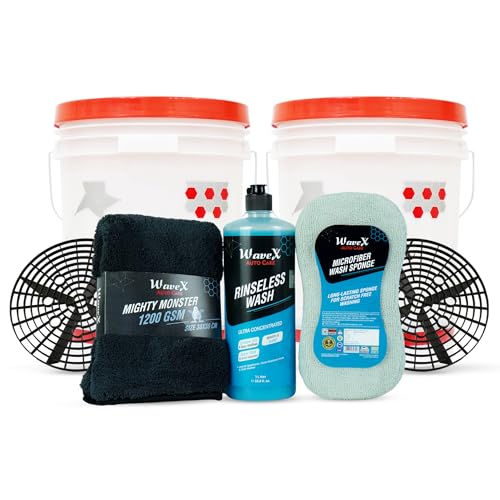 Image of Wavex Rinseless Car Wash Kit - Waterless Safe Wash System with Microfiber Sponge, Drying Towel & Dual Buckets