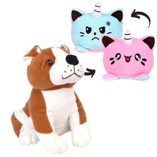 Image of DIKANG Reversible Cat Plushie with Dog | Combo Pack Soft Stuffed Animal Toys for Kid, Girl & Boys | (15cm, Reversible Cat (Pink /SkyBlue)) (28cm, Dog (Brown))