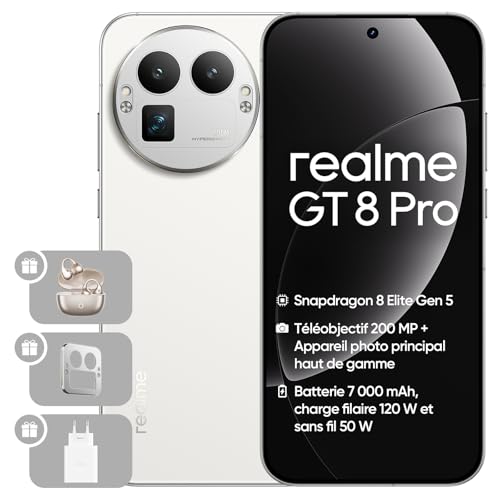 realme GT 8 Pro, 12+256 Go, Snapdragon 8850, Caméra Téléphoto 200MP, 50MP IMX906 OIS, Écran 6,78' 2K 144Hz, Batterie 7000mAh, Recharge sans Fil 50W, IP69, Blanc, Adaptateur Inclus