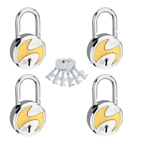Image of 1P- Azco Sport Small Size 4 Padlocks with 6 Same Keys Silver Gold 52 MM 7 Levers Double Lcking | Lock and Keys for Home Door Shutter Shop Main Gate (Pack of 4)