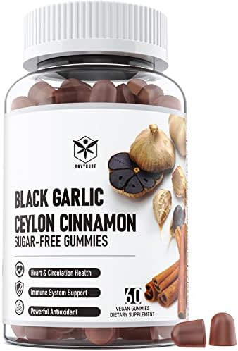 Aged Black Garlic Supplements 1000mg Plus Organic Ceylon Cinnamon and Chromium - Supports Blood Pressure, Sugar Metabolism, Cholesterol & Immune Health - Less Odor & Sugar-Free Gummies, 60 Counts
