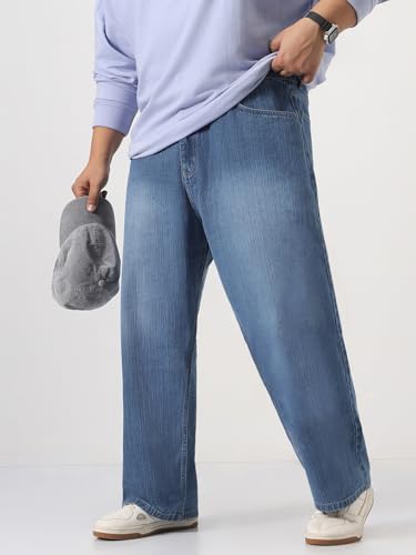 Image of Urbano Plus Men's Loose Baggy Fit Washed Denim Jeans Non-Stretchable