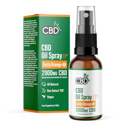 CBDFX 2000mg CBD Spray High Strength Flavoured CBD Oil Zesty Orange Vegan Non-GMO Blended with MCT Oil Improved Purity No THC 30 ml (40 Days)