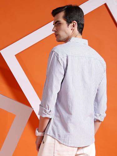 Image of The Indian Garage Co Men Slim Fit Striped Full Sleeves Cutaway Collar Casual Shirt