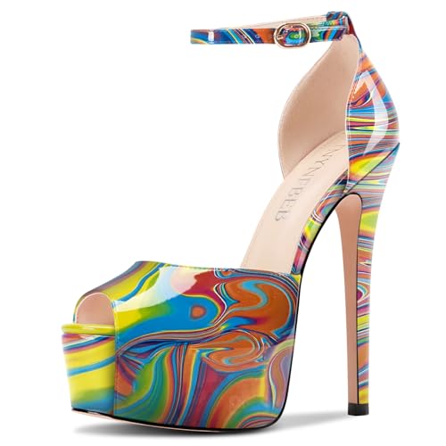 Image of TNYNFBEB Womens Stiletto High Platform Heel Peep Open Toe Sandals Ankle Strap Buckle Prom Party Dress Patent Leather 6.1 Inches Heels